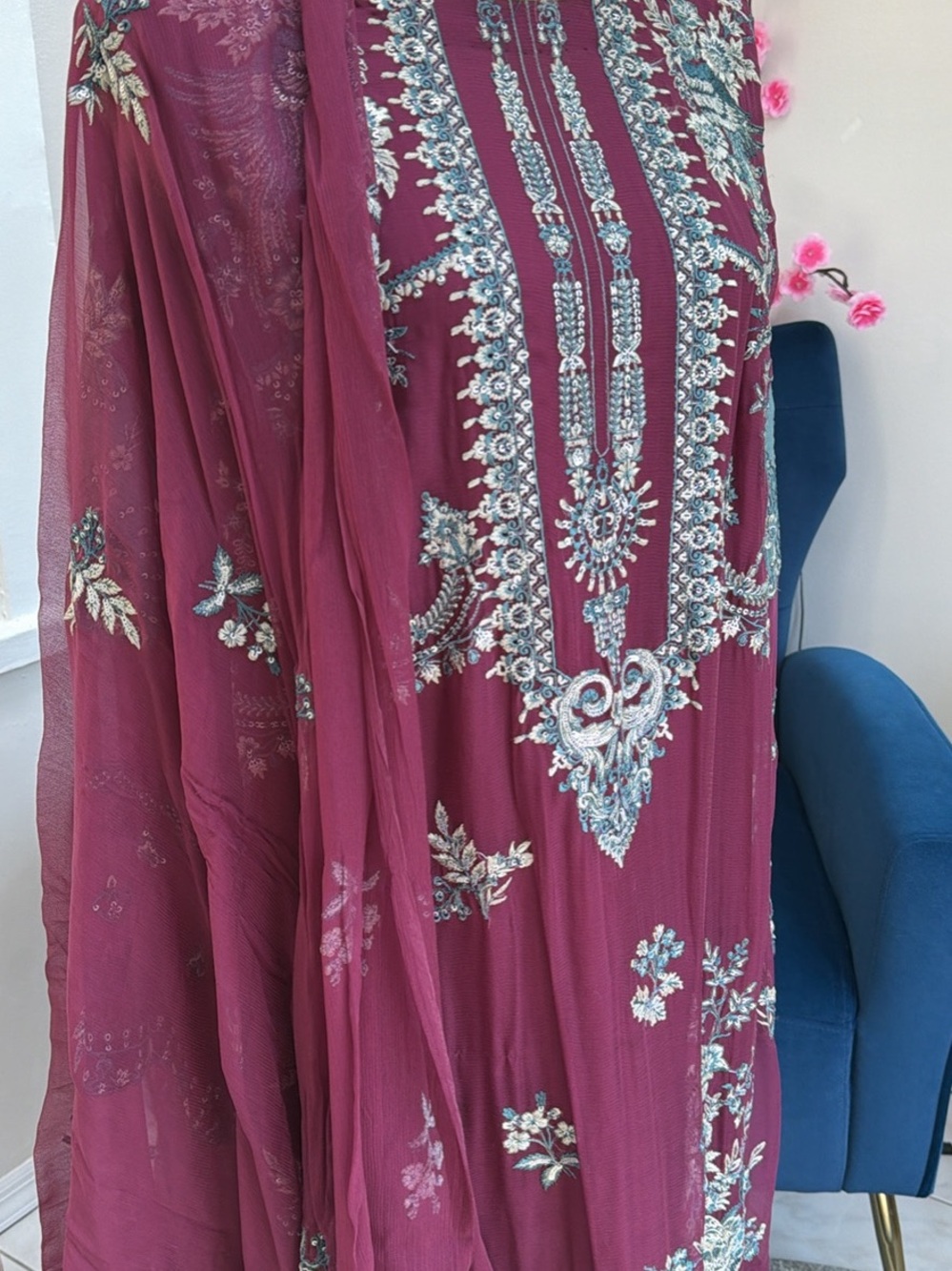 Embroidered Wine-Red Women's Dress with Silver Accents